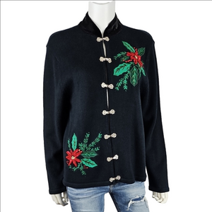 Vintage 90s Crystal Kobe Embellished Poinsettia Holiday Knit Cardigan Sweater